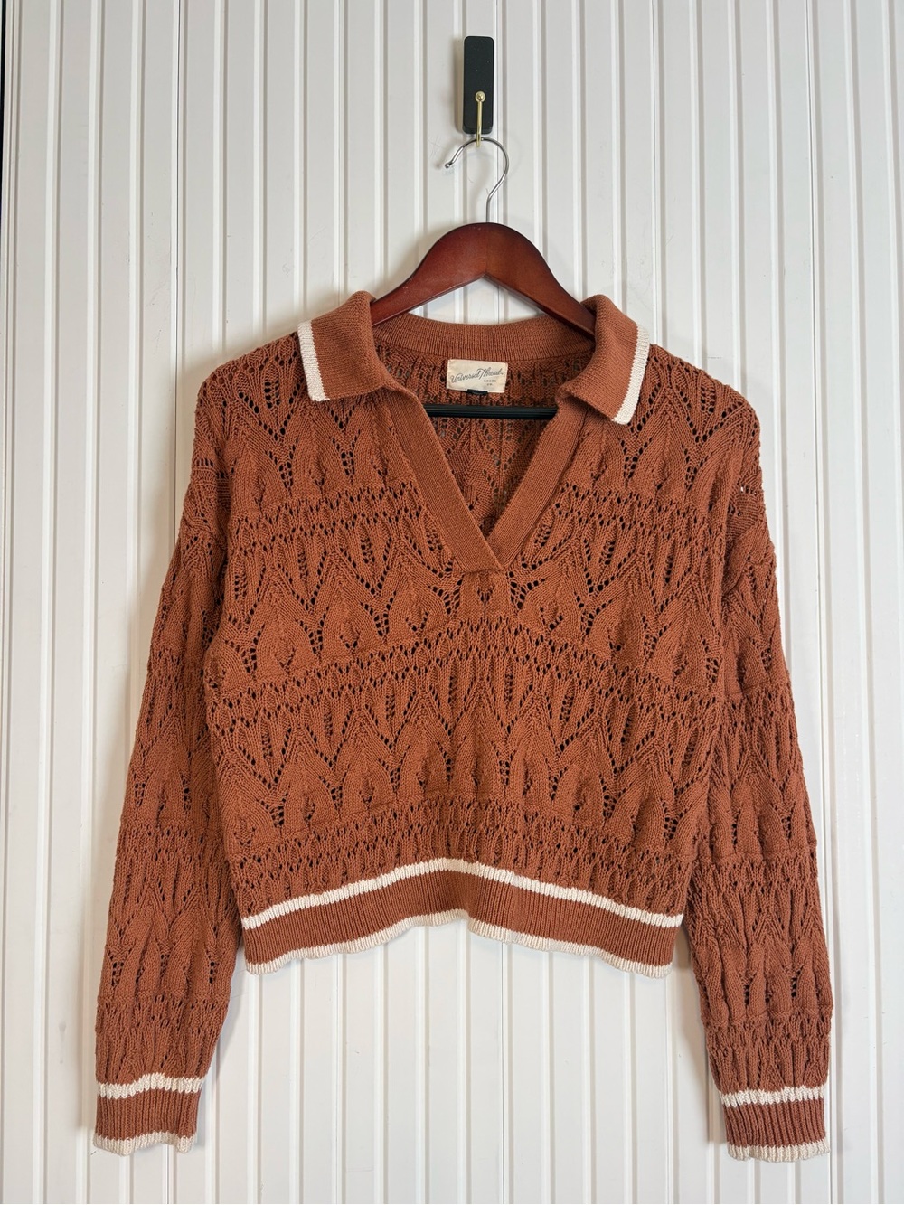 Universal Thread Collared Crochet Sweater S Burnt Orange Bohemian Hippie Preppy